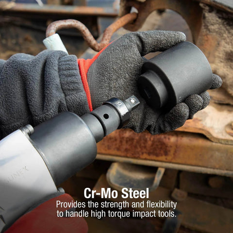 Gloved hands holding Cr-Mo steel impact socket for high torque tools, showcasing strength and flexibility.