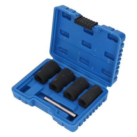 Open blue storage box with Cr Mo Steel Screw and Fastener Extractor Set with 17mm 19mm 21mm 22mm metric sizes.