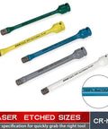 Five color-coded CR-MO torque sticks from a 1/2" Drive Torque Limiting Extension Bar Set, details of laser etched sizes displayed.