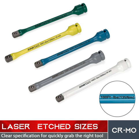 Five color-coded CR-MO torque sticks from a 1/2" Drive Torque Limiting Extension Bar Set, details of laser etched sizes displayed.