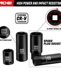Three-Eighth Inch Drive Impact Socket Set Kit With Standard SAE And Metric Sizes CR-V steel spark plug socket close-up