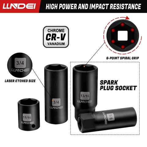 Three-Eighth Inch Drive Impact Socket Set Kit With Standard SAE And Metric Sizes CR-V steel spark plug socket close-up
