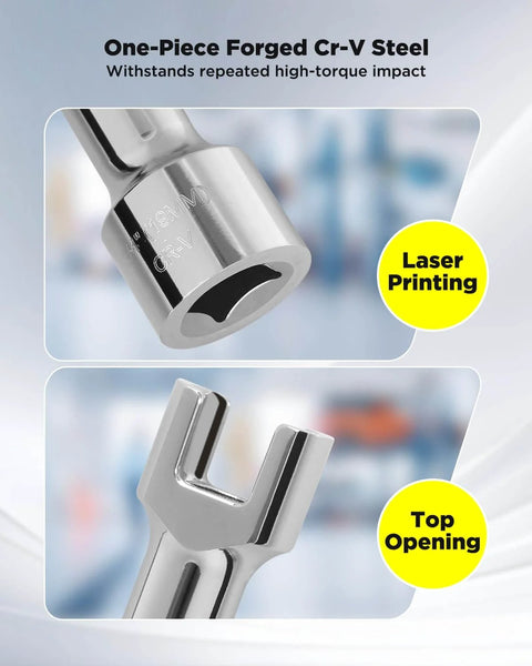 Durable 1/2 in drive impact socket with 5 in extension, 12-point design, crack-resistant chrome finish, laser printing, top opening, Cr-V steel