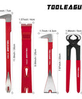 Four Piece Cr V Steel Pry Bar Set With Nail Pullers Including Cats Paw 12 Inch And 8 Inch Claws 10 Inch Flat Pry Bar And 8 Inch End Cutting Pliers For Woodworking Remodeling Construction Scraping Lifting And Prying Tasks displayed with size measurements.