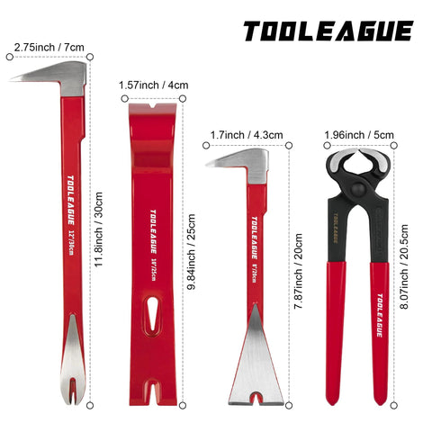 Four Piece Cr V Steel Pry Bar Set With Nail Pullers Including Cats Paw 12 Inch And 8 Inch Claws 10 Inch Flat Pry Bar And 8 Inch End Cutting Pliers For Woodworking Remodeling Construction Scraping Lifting And Prying Tasks displayed with size measurements.