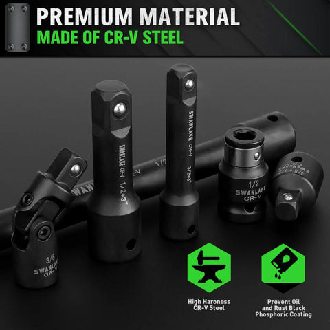 Close-up of Rugged 18 Piece Impact Socket Extension Set With Swivel Universal Joint Deep Quarter Inch Drive Three Eighths Inch Drive And One Half Inch Drive Adapters Extension Bars And Three Ratchet Couplers CR-V Steel Alloy Corrosion Resistant Mechanic Tools.