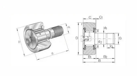 Technical drawing of CR8VBUU Cam Follower - Fine Thread Stud - Needle Roller Bearing 1/2" x 3/8" x 1/2" inch
