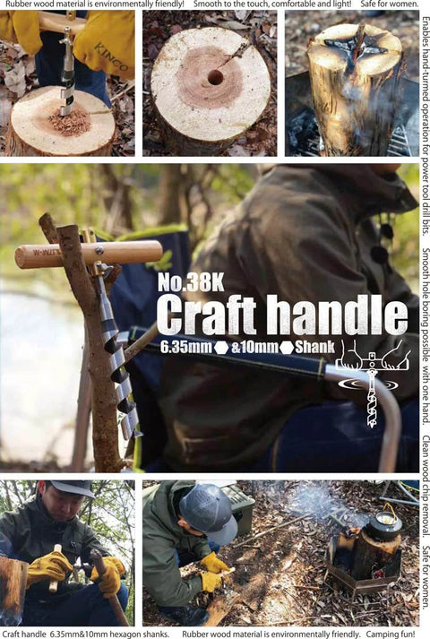 Craft Handle for 6.35mm and 10mm Hex Shafts with Brass Chuck and Rubber Wood Body shown in use for outdoor woodworking.