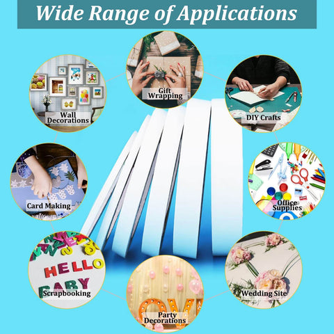Image shows a Six Roll Multi Size Double Sided Craft Tape Set for Scrapbooking Card Making Gift Boxes Arts and Photography use.