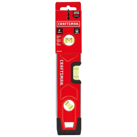 Torpedo Level, Magnetic, 9 inch (CMHT43191) with Craftsman branding, 3 vials, and magnetic base, packaged front view.
