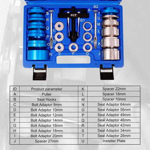 Crank Bearing Camshaft Seal Installer and Remover Set in blue case with labeled parts for automotive engine repair.