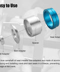 Seal and bolt adapters from the Crank Bearing Camshaft Seal Installer and Remover Set shown unassembled, highlighting main components.