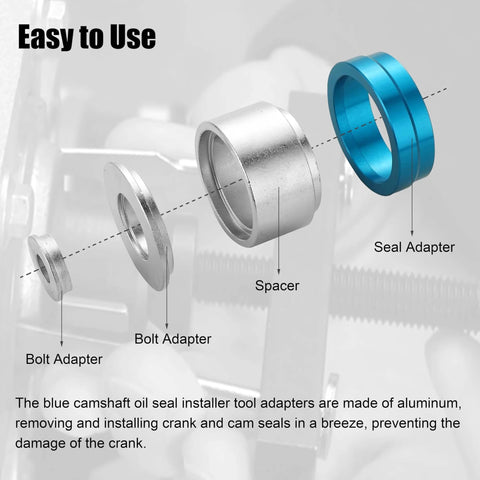 Seal and bolt adapters from the Crank Bearing Camshaft Seal Installer and Remover Set shown unassembled, highlighting main components.