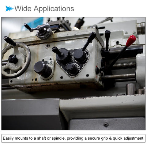Close-up of industrial lathe with installed Revolving Crank Clamping Handle With M8 Thread, 116mm Overall Length, Black Chrome Plated