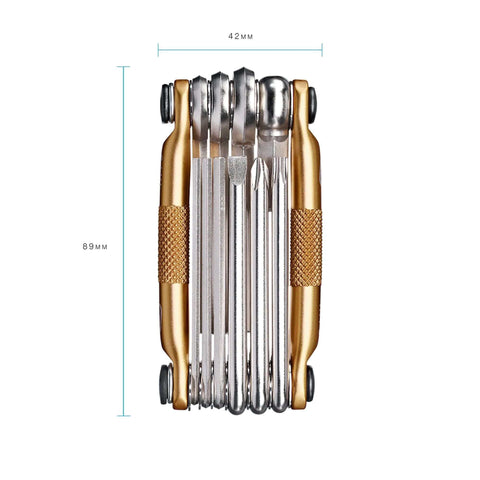 Crankbrothers Multi Tool M10 Gold Compact Trailside Essential with Hex Wrenches and Screwdrivers, 89mm x 42mm dimensions