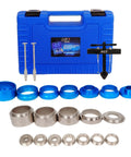 Crank Bearing Camshaft Seal Installer and Remover Set with blue case and metal components for engine repair