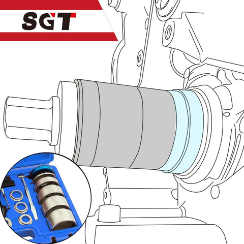 Crank Bearing Camshaft Seal Installer and Remover Set with components in a blue case, used for crankshaft camshaft oil seal pulling.