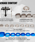 Crank Bearing Camshaft Seal Installer and Remover Set package with crankshaft pulley rings, oil seal remover, and mounting bezels.