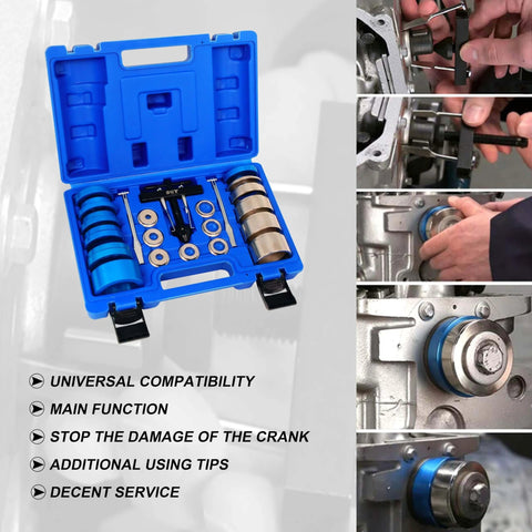 Crank Bearing Camshaft Seal Installer and Remover Set with 22pcs in blue case and usage examples for engine repair.