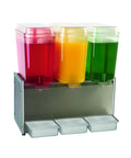 Three-tank Crathco beverage dispenser with red, orange, and green liquids, compatible with Standard Impeller And Bearing Sleeve Replacement Kit.