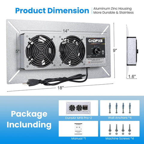 Crawl Space Ventilation Fan With Humidistat Dehumidistat And Freeze Protection Thermostat 220 CFM Air Out 18 By 9 By 2 Inch Housing For Crawl Spaces Basements Garages Attics And Hydroponics Grow Tents CADPXS