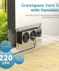 Crawl Space Ventilation Fan With Humidistat Dehumidistat And Freeze Protection Thermostat 220 CFM Air installed on a wall.