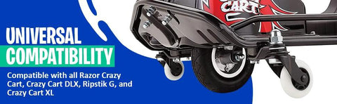 Side view of caster wheel assembly on Razor Crazy Cart showing Premium Replacement Caster Wheel 76mm By 30mm For Razor Crazy Cart CC XL And DLX Complete Front And Rear Wheel Assembly Heavy Duty Urethane Replacement Part W25143461058 Ensures Smooth Rolling Long Wear Easy Install And Reliable Performance installed