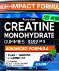 Creatine Gummies 8500mg Complex Pre Workout Chews Muscle Growth Energy Sugar Free Vegan Blueberry Flavor 120 Count