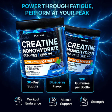 Creatine Gummies 8500mg Complex Pre Workout Chews Muscle Growth Energy Sugar Free Vegan Blueberry Flavor 120 Count