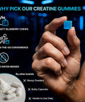 Hand holding blueberry flavored Creatine Gummies 8500mg Complex Pre Workout Chews with text highlighting features like on-the-go convenience.