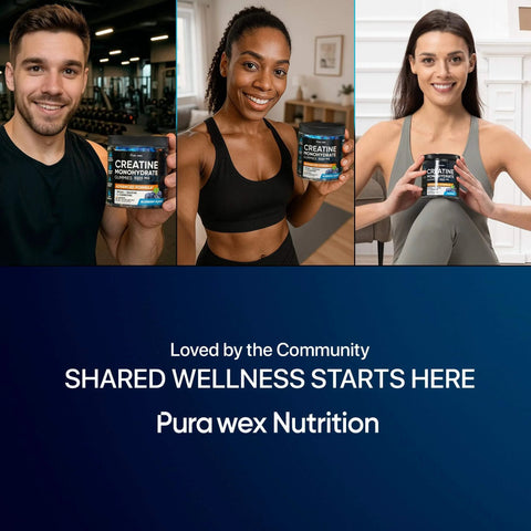 Three people showcasing Creatine Gummies 8500mg Complex Pre Workout Chews Muscle Growth Energy Sugar Free Vegan Blueberry Flavor 120 Count