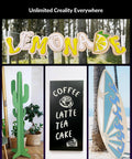 Colorful laser cut signs including 'LEMONADE', cactus stand, coffee sign, and surfboard with ocean design for creative display.