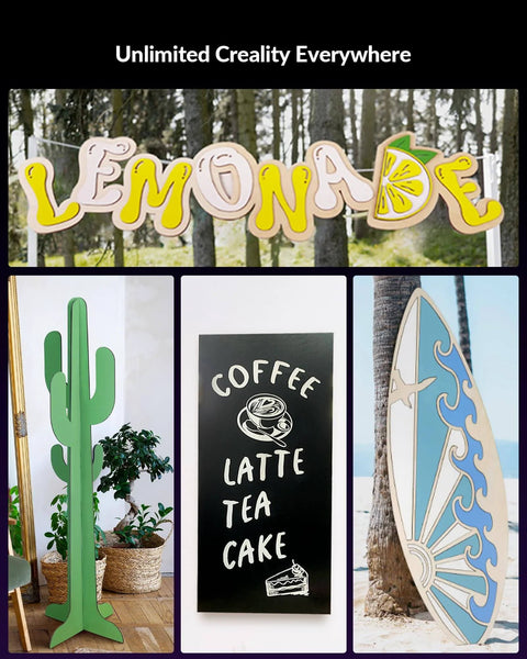 Colorful laser cut signs including 'LEMONADE', cactus stand, coffee sign, and surfboard with ocean design for creative display.