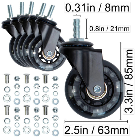 Heavy Duty Creeper Caster Wheels Set Of Six With Two And A Half Inch Polyurethane Rollers And Industrial Steel Bearings