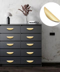 Cabinet with Brushed Gold Crescent Cabinet Pulls Two And A Half Inch Hole Centers Semi Circle Moon Drawer Pulls installed.