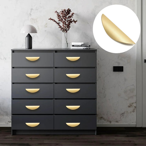 Cabinet with Brushed Gold Crescent Cabinet Pulls Two And A Half Inch Hole Centers Semi Circle Moon Drawer Pulls installed.