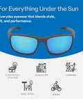 Crevalle Anti Fog Safety Glasses With UV Protection And Blue Mirror Lens displayed with icons for various outdoor activities.