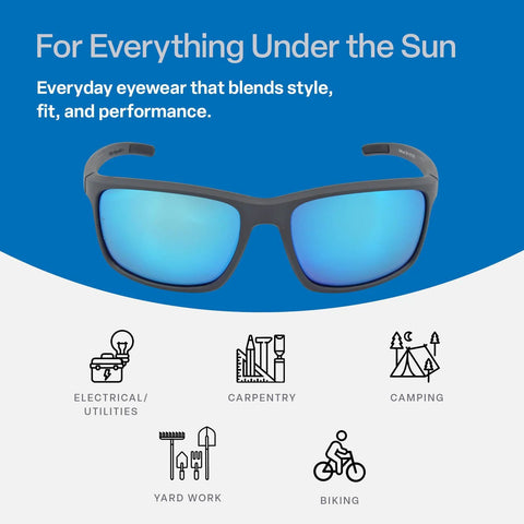 Crevalle Anti Fog Safety Glasses With UV Protection And Blue Mirror Lens displayed with icons for various outdoor activities.