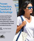 Woman wearing Crevalle Anti Fog Safety Glasses with UV Protection and Blue Mirror Lens outdoors with product features text.
