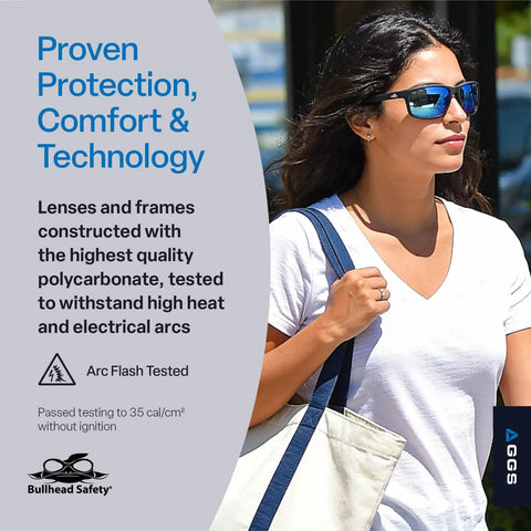 Woman wearing Crevalle Anti Fog Safety Glasses with UV Protection and Blue Mirror Lens outdoors with product features text.