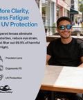 Smiling man wearing Crevalle Anti Fog Safety Glasses With UV Protection And Blue Mirror Lens outdoors at café.