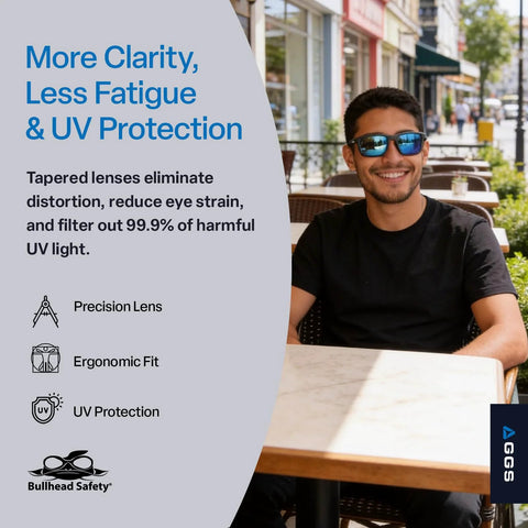 Smiling man wearing Crevalle Anti Fog Safety Glasses With UV Protection And Blue Mirror Lens outdoors at café.