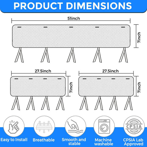 Dimensions and features of Reversible Gray And White Rail Cover Set With Soft Minky Dot Teething Guard One 51x7 And Two 27x7