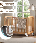Wooden crib with 2 Inch Side Mount Casters Set of 4 L Shaped Silent Rubber Swivel Wheels installed, showcasing sleep-friendly and scratch-proof features.