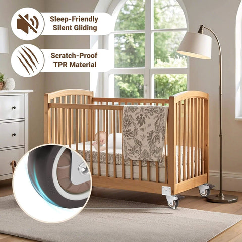 Wooden crib with 2 Inch Side Mount Casters Set of 4 L Shaped Silent Rubber Swivel Wheels installed, showcasing sleep-friendly and scratch-proof features.