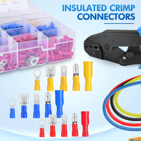 Mixed Quick Disconnect Connectors And Terminal Crimp Kit For Automotive Wiring Projects Includes Ring Splice Spade Bullet Fork Butt Piggy Back Insulated Terminals 840 Piece Assortment shown with organizer and crimping tool