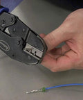 Crimp Right Weather Tight Connector Crimping Kit Ferrule Crimper Plier in use for wiring projects, showing wire crimping process.