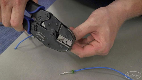 Crimp Right Weather Tight Connector Crimping Kit Ferrule Crimper Plier in use for wiring projects, showing wire crimping process.