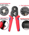 All In One Wire Ferrules Kit With 1100 Pcs Tinned Copper Crimp Connectors and crimp tool with red handles, tool features labeled.