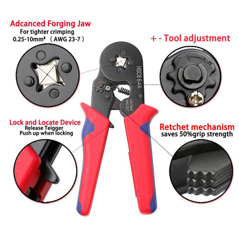 All In One Wire Ferrules Kit With 1100 Pcs Tinned Copper Crimp Connectors and crimp tool with red handles, tool features labeled.